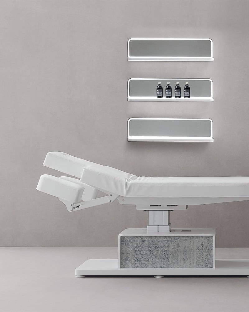 The Ben - Table de massage blanche et grise - avec moteur - avec accoudoirs réglables